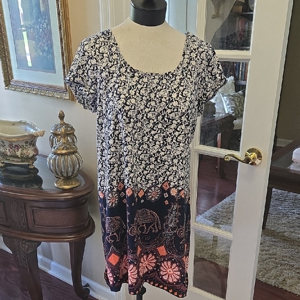 Lucky Brand Navy Blue White Orange Floral Print Dress Elephant Scoop Neck XL EUC